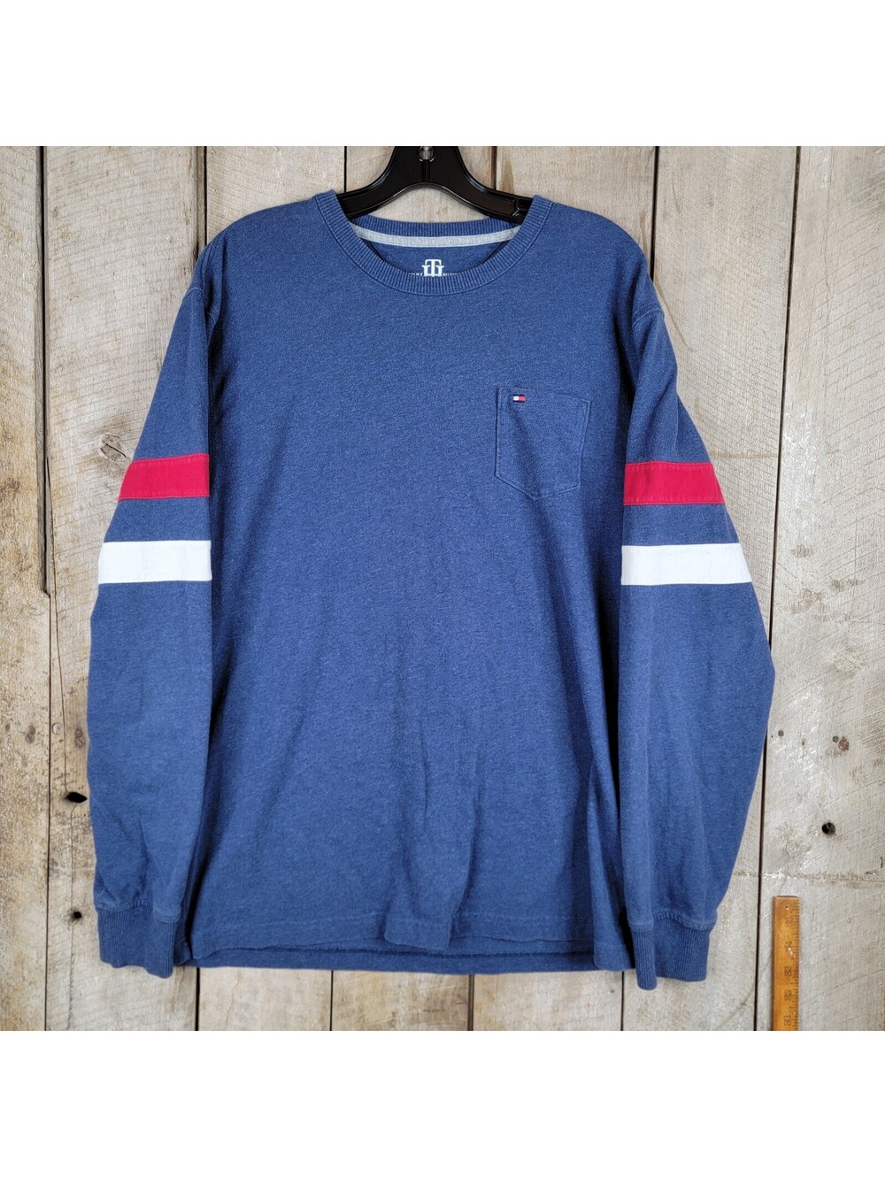 Tommy Hilfiger Long Sleeve Pocket T Shirt Mens XL Blue Stripe Sleeves Casual
